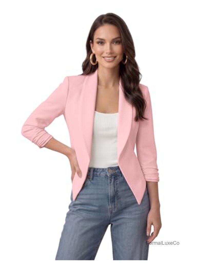 Women's Open Front Blazer Jacket - Nylon Ponte De Roma, Tailored Fit, 3/4 Sleeve